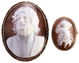 A  SHELL CAMEO BROOCH, CIRCA 1880 carved to depict a classical god, within a gold mount, with