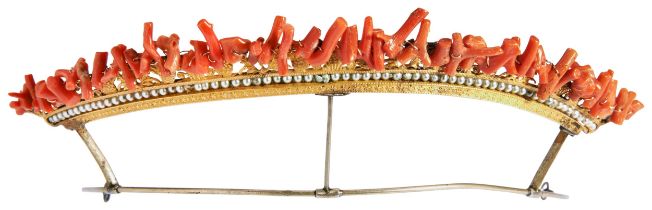 A CORAL, SEED PEARL AND GILT DIADEM, CIRCA 1880 the lower section of star decoration against a