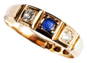 A SAPPHIRE AND DIAMOND RING, CIRCA 1880 set with a circular mixed-cut sapphire between old