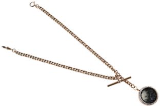 A YELLOW METAL WATCH CHAIN OF CURB LINKS and a modern gold plated locket (2).