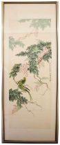 YU ZHONGLIN (1925-1985), 'TWO DOVES PERCHED ON MAPLE LEAVES' Ink & colour on paper, 88x46cm **PLEASE