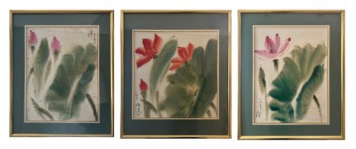 A DECORATIVE SET OF THREE CHINESE WATERCOLOURS DEPICTING FLOWERS (3) **PLEASE NOTE: THIS AUCTION