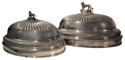 TWO LARGE SHEFFIELD PLATE MEAT COVERS WITH SILVER LION FINIALS **PLEASE NOTE: THIS AUCTION IS IN