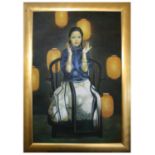 A CHINESE MODERN PICTURE DEPICTING A YOUNG GIRL SEATED UPON A CHAIR, AND AN ASIAN BUDDHA HEAD