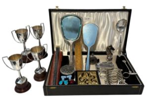 A MIXED LOT COMPRISING A THREE PIECE SILVER AND ENAMEL HAIRBRUSHES AND VARIOUS SILVER PLATE (A