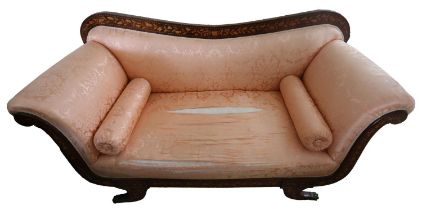 A GOOD UPHOLSTERED WALNUT AND MARQUETRY CHAISE LOUNGE, 19TH CENTURY, upon scrolled Lion paw feet,