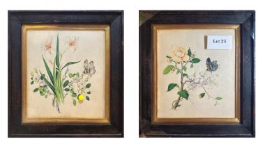 A PAIR OF CHINESE WATERCOLOURS  DEPICTING FLOWERS & BUTTERFLIES, 19TH CENTURY Exhibited London,