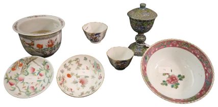 A GROUP OF CHINESE PORCELAIN WARES decorated in various palettes, together with a cloisonne cup