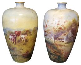 A PAIR OF WORCESTER STYLE PORCELAIN DECORATED VASES SIGNED, Gertrude & Brown 1/10/03 depicting