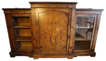 A WALNUT AND INLAID THREE DOOR CREDENZA, VICTORIAN PERIOD, the central panel with classical urn