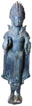 A BRONZE STANDING FIGURE OF BUDDHA RAISED ON A SMALL OVAL BASE, SOUTH EAST ASIAN, 10.5cm high,