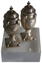 A PAIR OF SILVER PEPPERS OF URN FORM, WALKER & HALL 1906, 11cm, 166 grams **PLEASE NOTE: THIS