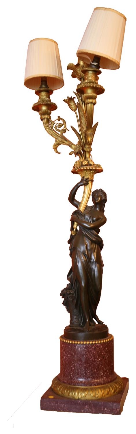 A PAIR OF HIGHLY DECORATIVE BRONZE CONVERTED CANDELABRUM, 19TH CENTURY, of bronze & gilt