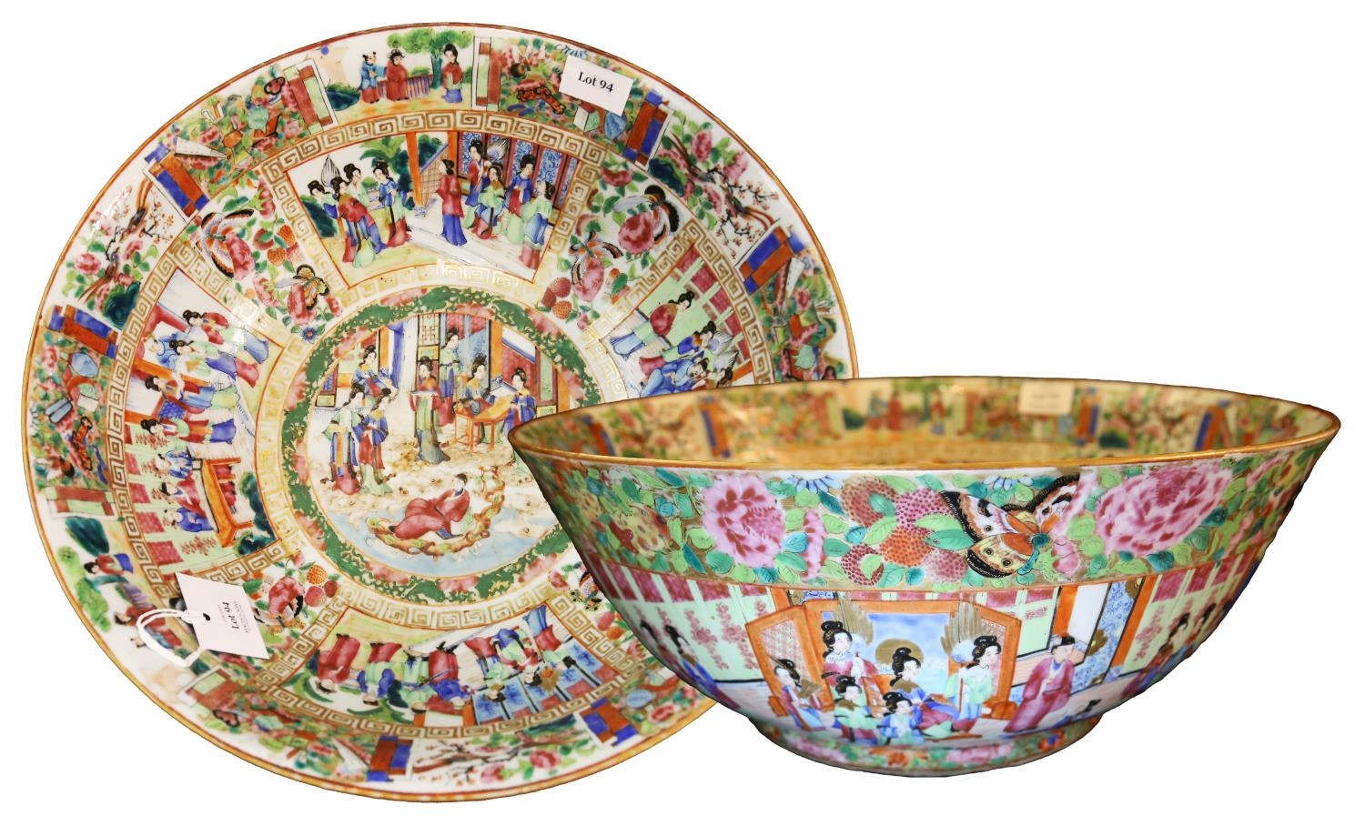 A LARGE CANTON FAMILLE ROSE BOWL DECORATED WITH SCENES OF COURTIERS, LATE 19TH CENTURY 40cm diam **