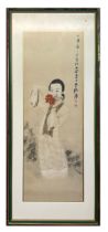 A CHINESE WATERCOLOUR LADY HOLDING A FLOWER, 90x30cm **PLEASE NOTE: THIS AUCTION IS IN HONG KONG.