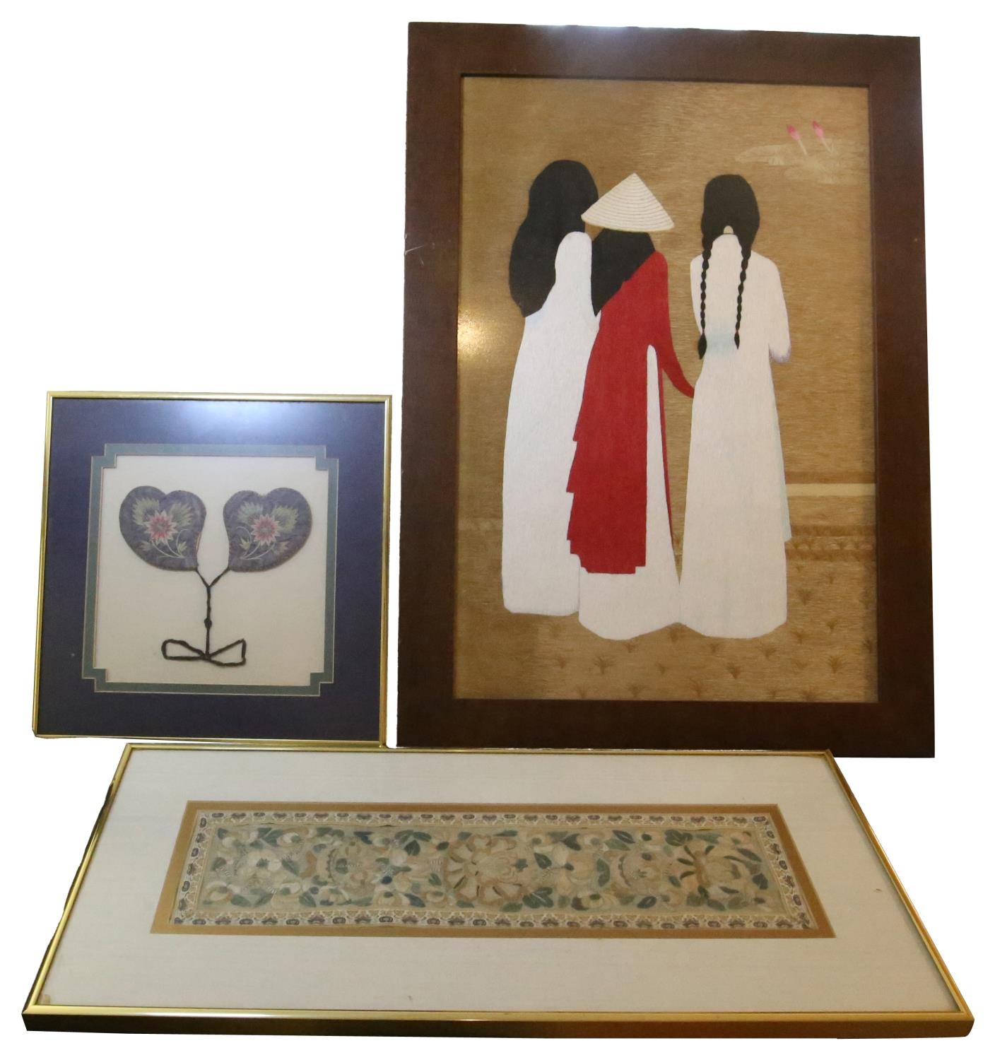 A FRAMED PAIR OF TIBETAN EMBROIDERED EAR MUFFS, A CHINESE EMBROIDERED SLEEVE AND A FRAMED PRINT (