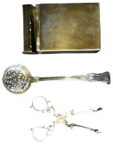 A SILVER LARGE VESTA CASE, CHESTER; A PLATED SUGAR SIFTER AND A PAIR SILVER SUGAR TONGS (3) **PLEASE