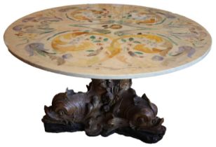 AN IMPRESSIVE CARVED GILTWOOD AND MARBLE ITALIAN CENTRE TABLE, 19TH CENTURY, 120cm diam **PLEASE