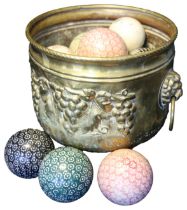 A LARGE SELECTION OF CERAMIC CARPET BOWLS SOME VINTAGE, contained in brass jardiniere **PLEASE NOTE: