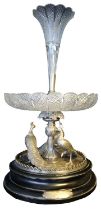 A MAGNIFICENT SILVER PLATED CENTREPIECE / EPERGNE depicting peacocks Walker & Hall upon a 60cm