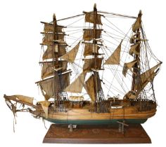 A MODEL OF THE YOUNG AMERICA CLIPPER IN FULL SAILS, plaque dated 1853, upon plinth base, 65cm