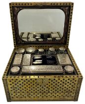 A FINE BRASS INLAID GENTLEMEN'S TRAVELING COMPENDIUM WITH SILVER INTERIOR BOTTLES, THOMAS WHITEHORSE