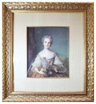 TWO FRAMED DECORATIVE PRINTS of ladies in period costume holding flowers (2) **PLEASE NOTE: THIS