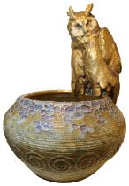 A IMPRESSIVE TURN-TEPLITZ AMPHORA 'OWL' JARDINIERE depicting a seated large gilt decorated