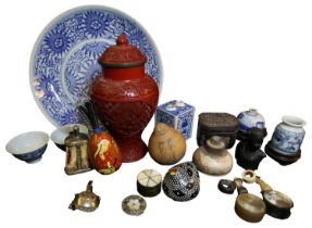 A MIXED LOT CONTAINING VARIOUS ORNAMENTS, including an ochre vase and cover **PLEASE NOTE: THIS