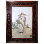 A FRAMED PORCELAIN CHINESE PANEL depicting an elderly scholar holing a basket of flowers 38x24cm **