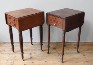 TWO EARLY 19TH CENTURY MAHOGANY WORK TABLES, one raised on fluted legs and the other raised on