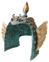 A CHINESE ARCHAIC STYLE HELMET, 20TH CENTURY, the cast metal helmet surmounted by a finial and