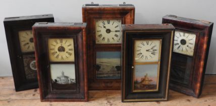 A GROUP OF FIVE 19TH CENTURY AMERICAN WALL CLOCKS, all with Roman dials and eglomise panels