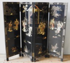 A CHINESE LACQUERED CHINOSERIE SCREEN, LATE 20TH CENTURY, compact proportions, the four lacquered