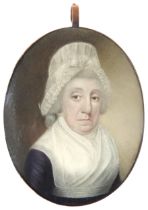 A LATE 18TH / EARLY 19TH CENTURY PORTRAIT MINIATURE OF DOWAGER, hand painted on an oval panel in a