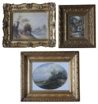 BRITISH SCHOOL 19TH CENTURY WATERCOLOUR OF FIGURES IN A LANDSCAPE, oval, along with a Victorian