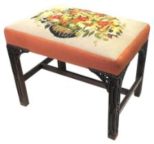 A CHINESE CHIPPENDALE STYLE MAHOGANY STOOL, 19TH CENTURY, overstuffed seat panel with floral