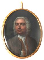 A LATE 18TH CENTURY PORTRAIT MINIATURE OF NOBLEMAN, of a gentleman in wig and frock coat, hand