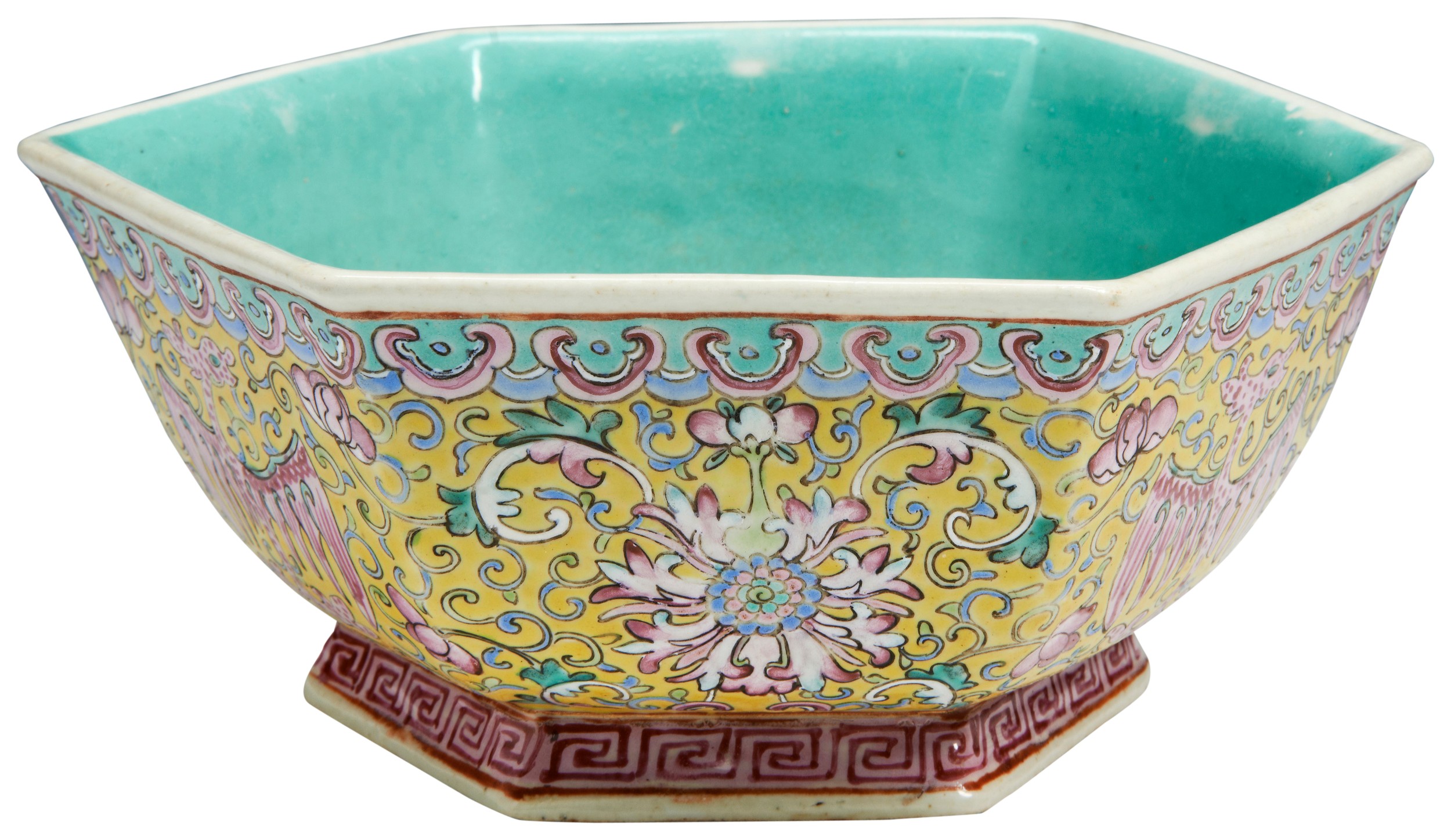 A FAMILLE ROSE HEXAGONAL 'PHOENIX' BOWL QING DYNASTY, 19TH CENTURY the sides decorated in the
