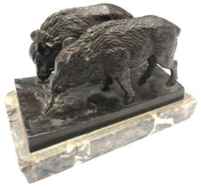 A LATE 19TH / EARLY 20TH CENTURY BRONZE MODEL OF TWO BOARS, naturalistically modelled foraging