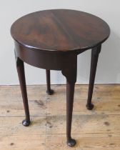 A 19TH CENTURY MAHOGANY DROP-LEAF DEMI-LUNE TABLE, of compact proportions, raised on three Queen