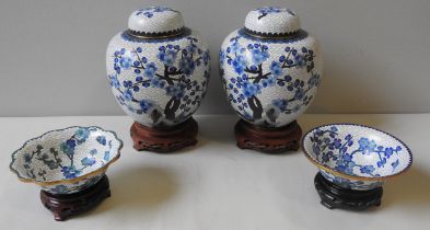 A LARGE PAIR OF CHINESE CLOISONNE GINGER JARS, LATE 20TH CENTURY, the covers and sides decorated