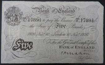 A BANK OF ENGLAND WHITE FIVE POUND NOTE, 1926, signed Mahon, dated 10th Nov 1926 (London) No.355E-