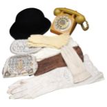 A VINTAGE BOWLER HAT, TWO BEAD WORK EVENING BAGS AND FIVE PAIRS OF LADIES GLOVES, the silk lined