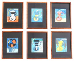 NELL NILE (b. 1948) SIX ABSTRACT PASTEL ON PAPER PICTURES OF COFFEE CUPS, with dark mounts, glazed