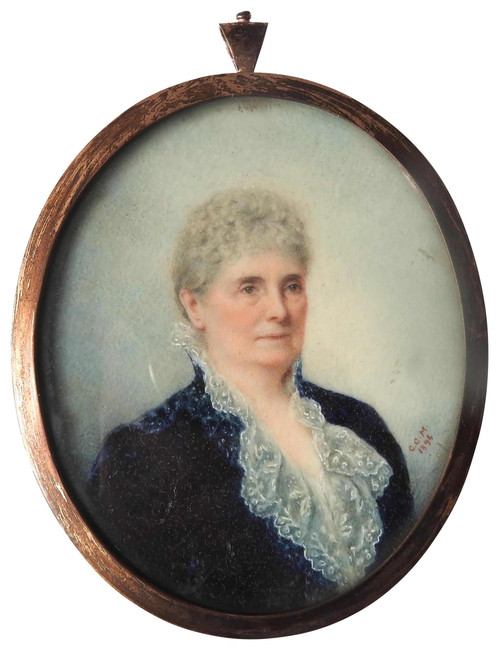 A LATE VICTORIAN PORTRAIT MINIATURE OF DOWAGER, elegantly attired in a blue velvet dress, hand