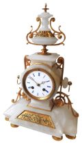 A 19TH CENTURY FRENCH ALABASTER MANTEL CLOCK, with 8.5 cm enamelled dial, the case surmounted by