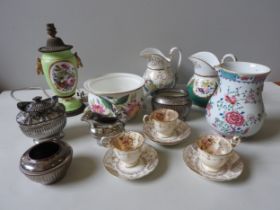 A VICTORIAN BONE CHINA CHAMBER POT, A 19TH CENTURY CERAMIC OIL LAMP, TWO INITIALLED JUGS AND OTHER