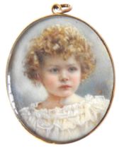 A LATE 18TH CENTURY PORTRAIT MINIATURE OF GIRL, the oval panel hand painted with portrait of a curly