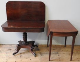 A 19TH CENTURY MAHOGANY TEA TABLE & PEMBROKE TABLE, the tea table with pivoting fold over top raised